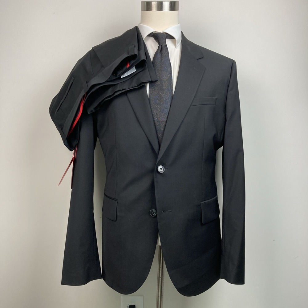 Hugo By Hugo Boss Mens 2-pc Suit Blazer Jacket 44R Black Wool Pants 36W 30L